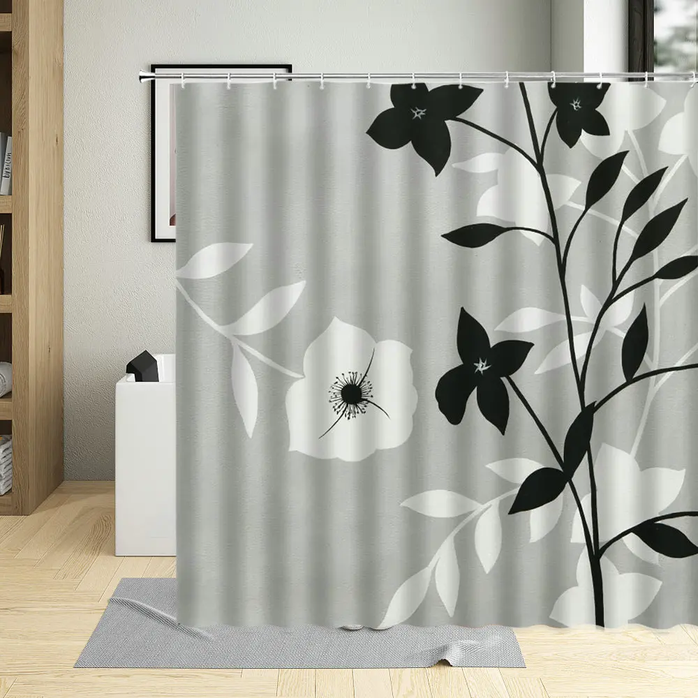 

Floral Plant Shower Curtain Set Black Flower Decor Bathroom Curtains Waterproof Fabric Bathtub Screens Art Poster With Hooks