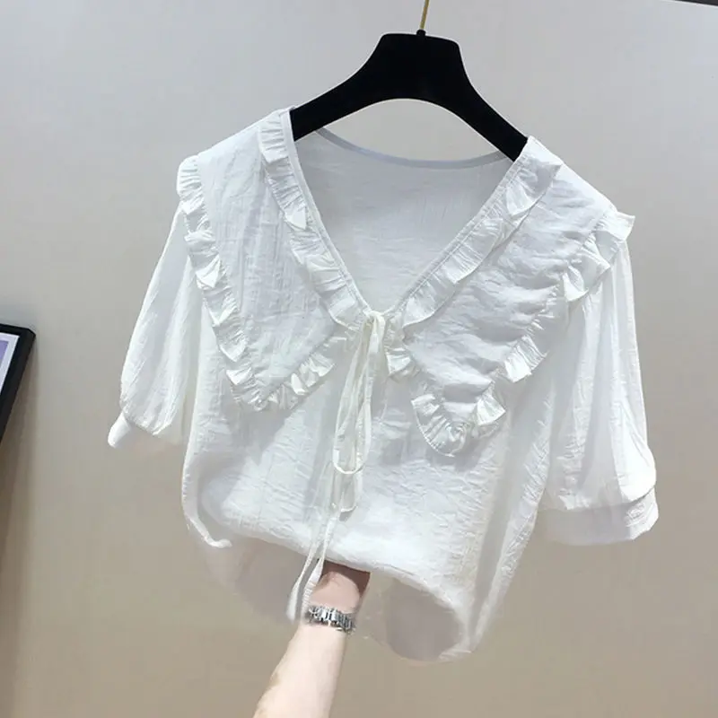 

2021 new summer doll collar short-sleeved chiffon shirt blouse fashion temperament casual shirt Western style all-match