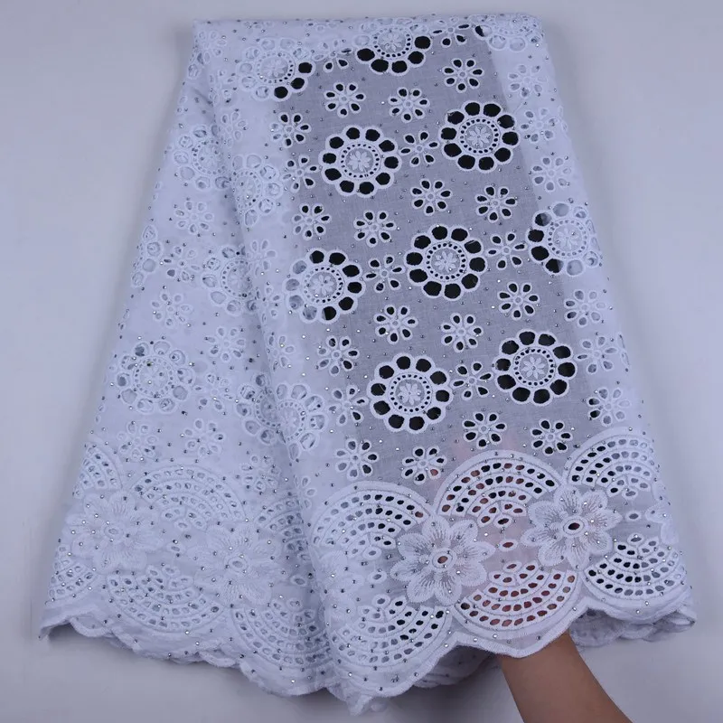 

White Color African Lace Fabric For Party Cloth Pure Cotton Soft Swiss Voile Lace Material Stoned Lace For Wedding Dress S1679