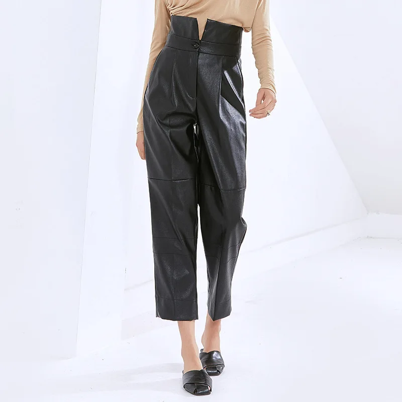 

Брюки MOARCHO женские из искусственной кожи, с высокой талией и карманами, черные, на молнии, шаровары, 2021