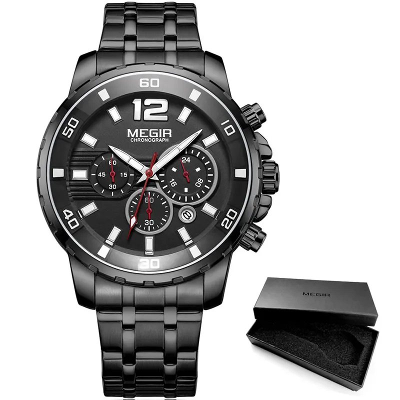 M2068-Black Мужские кварцевые часы Megir из позолоченной нержавеющей стали, аналоговые наручные часы в деловом стиле с хронографом для мужчин, водонепроницаемые, с подсветкой, 2068GGD-2N3 - Цвет: M2068-Black