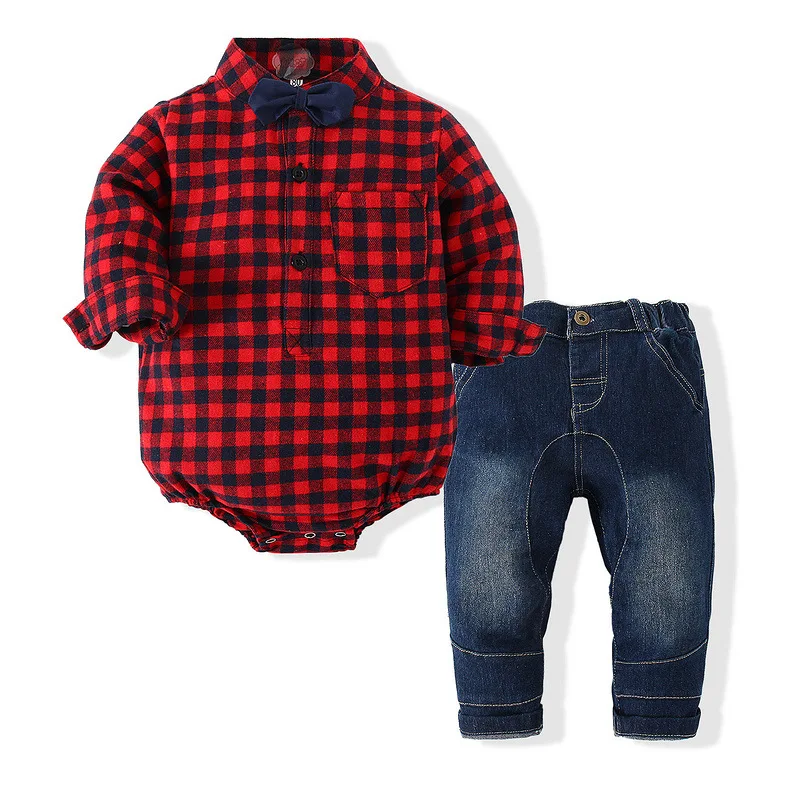 

Children's Spring 2021 New European and American Boys Gentleman Plaid Khao Jeans Two-piece Set Matching Couple Outfits