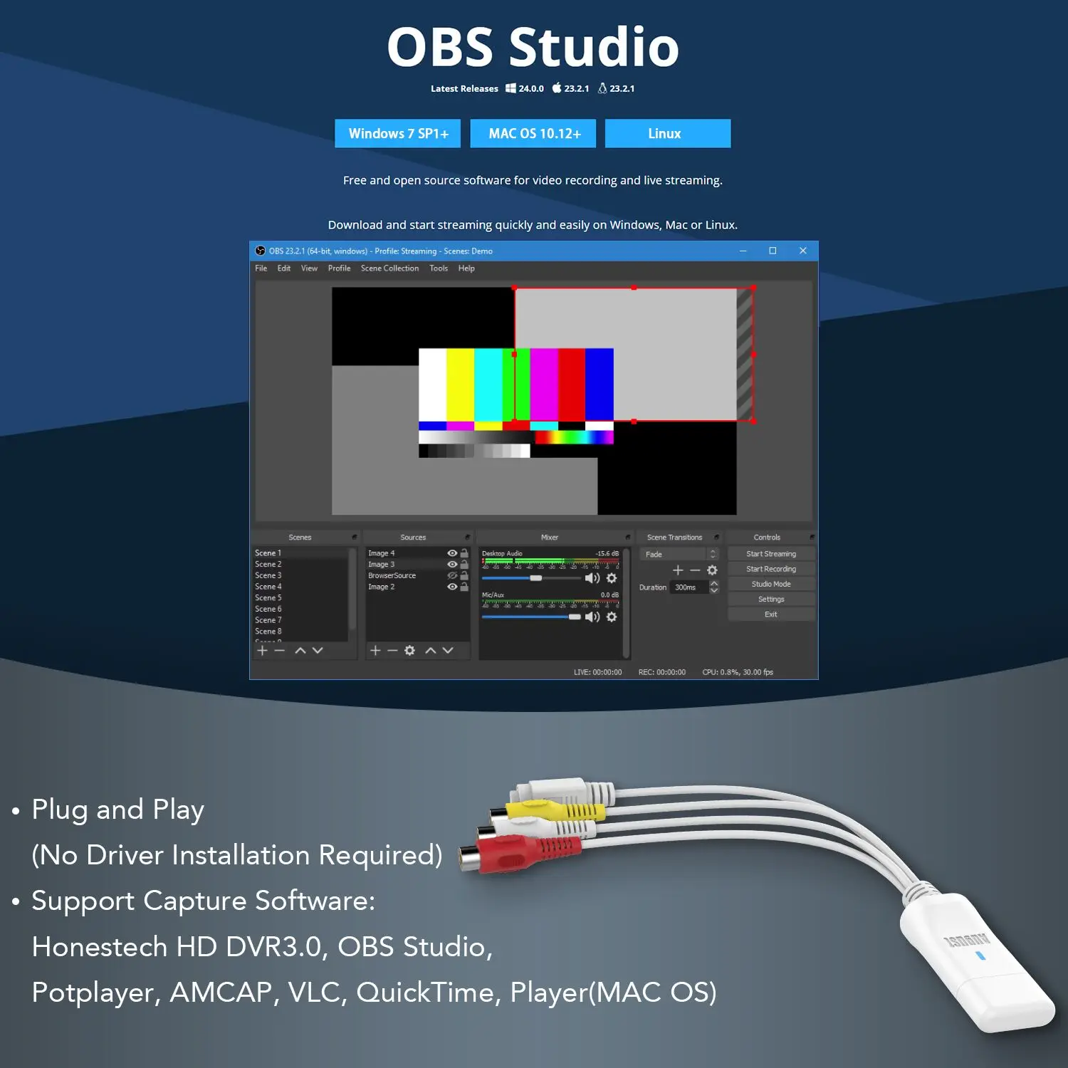 August VGB300 USB Карта видеозахвата для цифровизации аналоговых видео совместима с Windows