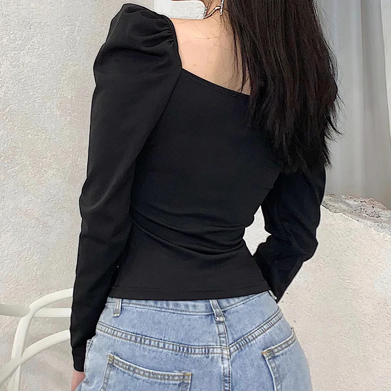

Sexy Lantern Long Sleeve shirt Autumn Women Backless Patchwork Slim V-Neck T-Shirt Tees Female Shirts Evening Party Full