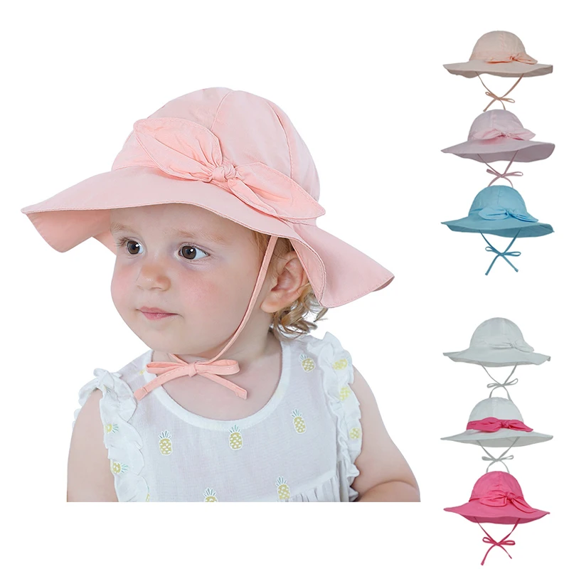 

Шляпа-ведро с большими полями для маленьких девочек, хлопковая летняя однотонная уличная Солнцезащитная шляпа с бантиком для младенцев, кр...