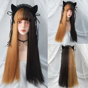 GAKA Long Staight Light Blonde Synthetic Wig Lolitai with Air Bangs Pink Green Blue Black Color in Stock
