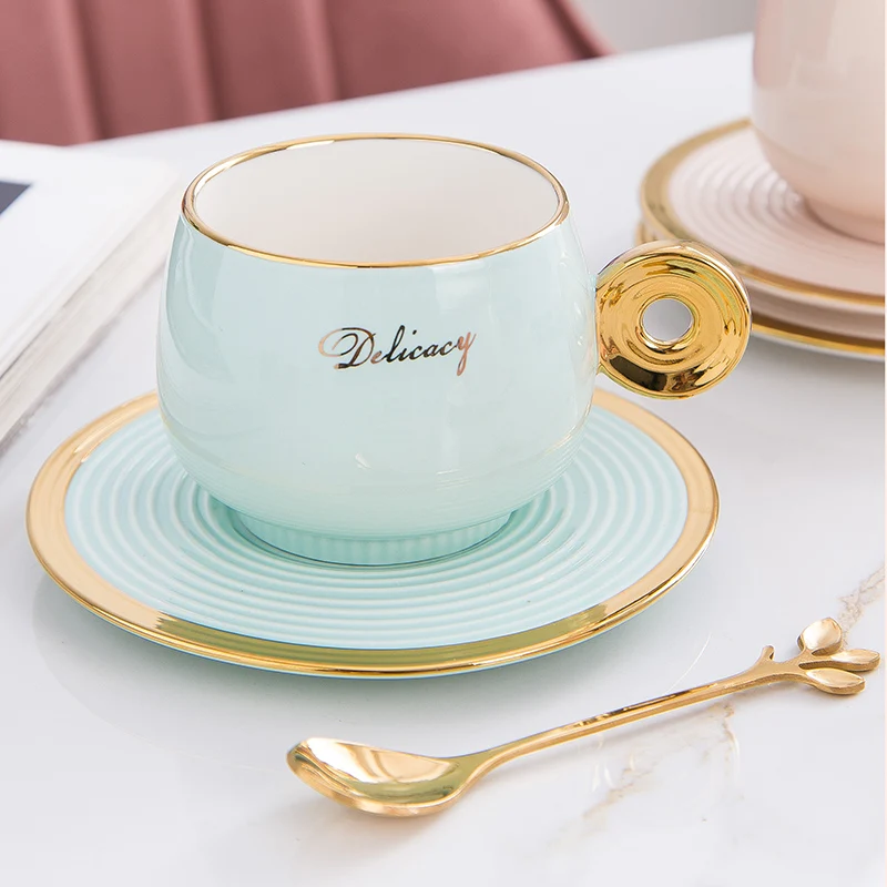 Ceramics Phnom Penh Coffee Cup And Saucer Set With Spoon Gold Rim Tea Juice Drinks Mug Children's Breakfast Milk Couple | Дом и сад