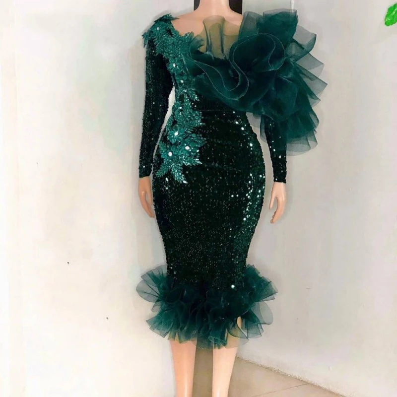 

Hunter Green Mermaid Evening Dresses Beads Ruffles Tulle Long Sleeves Sequins Short African Prom Party Dress robe de soiré