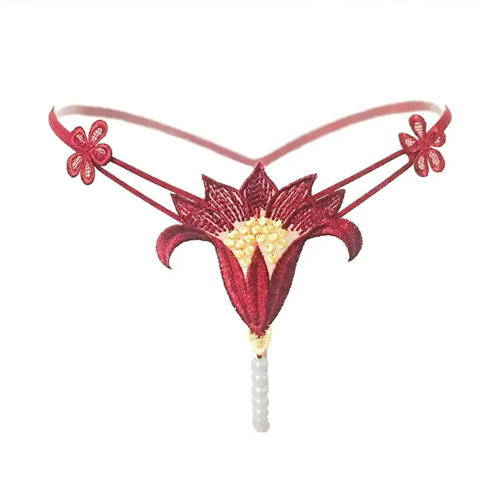 

New Embroidery Flower Pearl Panties Sexy Lingerie Thongs Women's Open Crotch Underwear
