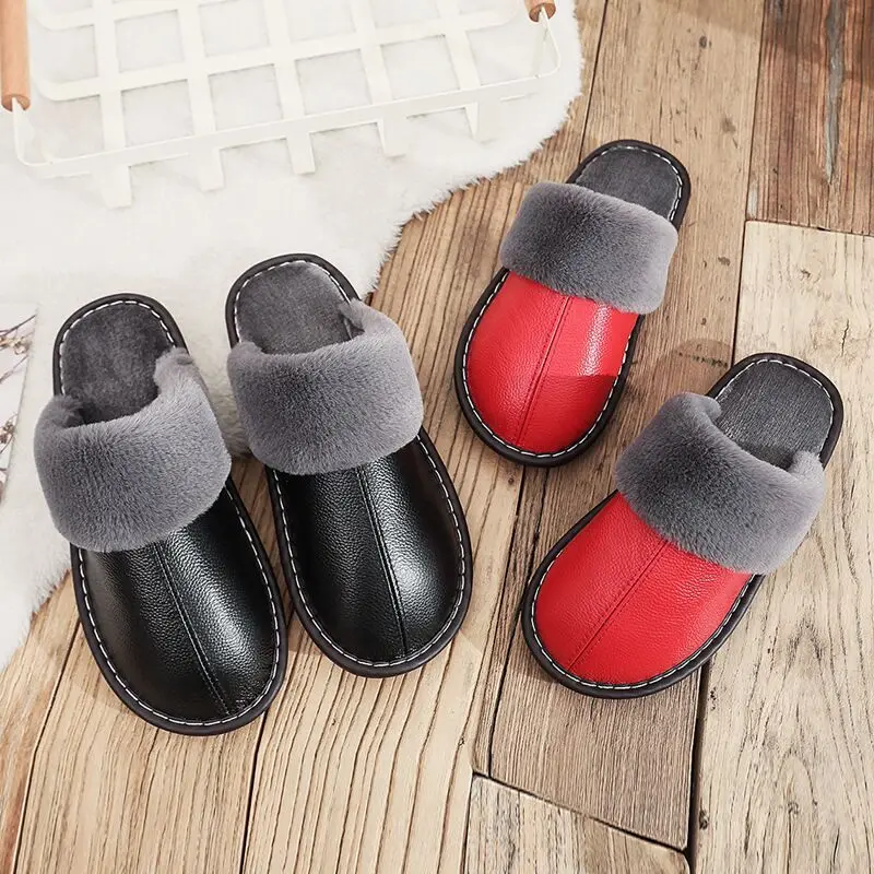 

SLHJC Men Women Leather Slippers Floor Plush Fleece Lined House Shoes Indoor Anti-Skid Autumn Winter Carpet Home Drag