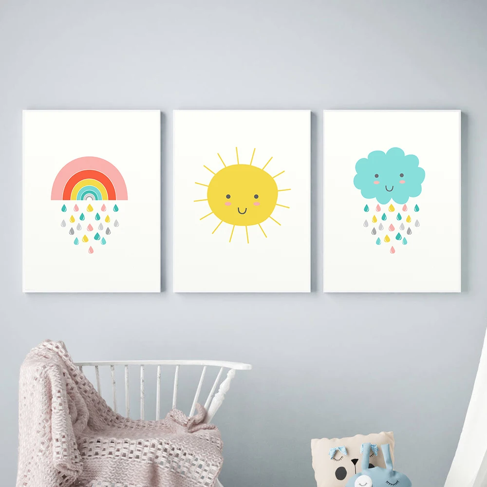 

Modern Rainbow Art Canvas Painting Prints Nursery Minimalist Could Rain Sun Poster Cute Scandinavian Nursery Wall Art Home Decor
