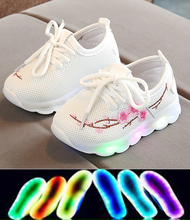 

Beautiful LED Lighted Children Sneakers Noble Princess Baby Girls Tennis Lace up Flower Soft Breathable Runing Kids Shoes