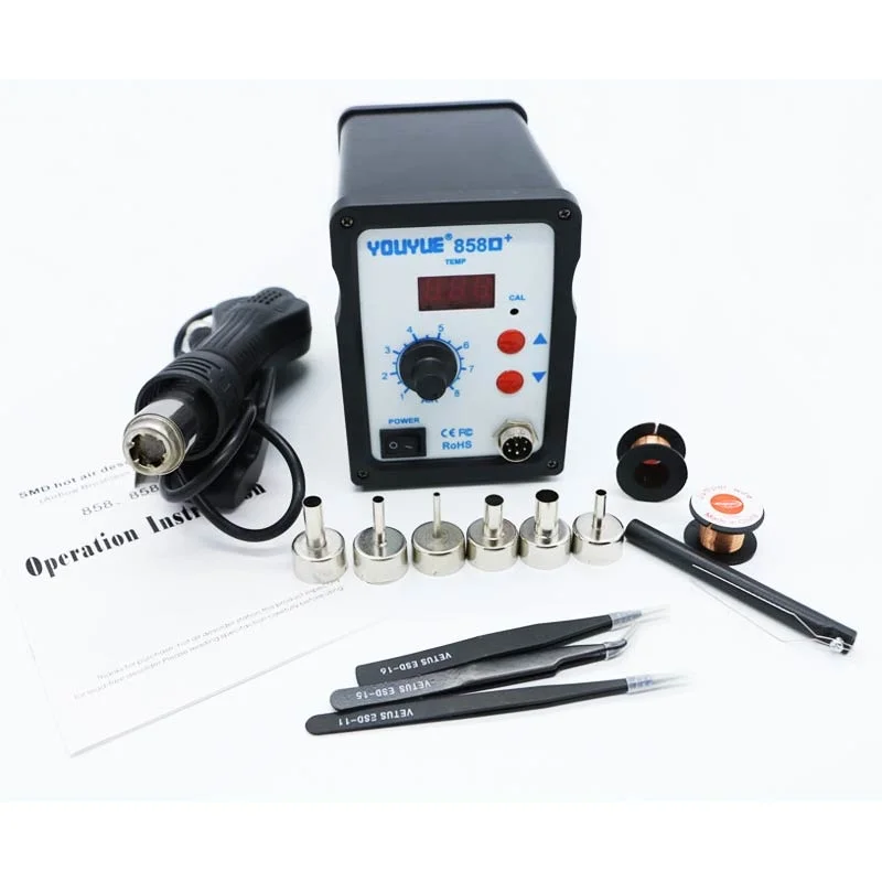 

NEW 700W YOUYUE 858D+ ESD Hot Air Gun Soldering Station Welding Hot Air Gun BGA Rework Solder Station 6 nozzles + 3 tweezers