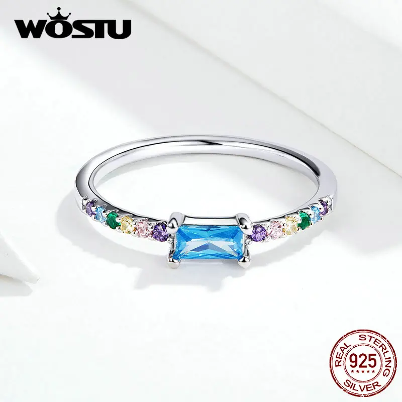 WOSTU Аутентичные 925 пробы Серебряные Красочные кольца для женщин уникальная Радуга с ReFNangle голубой циркон кольца ювелирные изделия FIR590