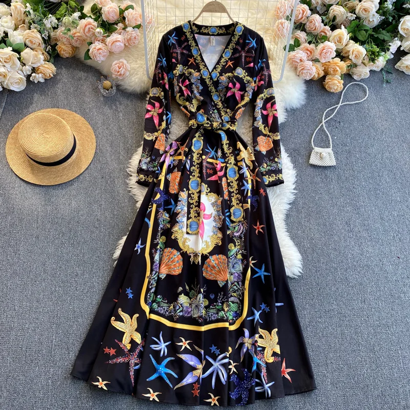 

Spring And Summer European And American Retro Exotic Print Dress Female V-neck Long-sleeved Thin Mid-length Skirt Trendy Ladies