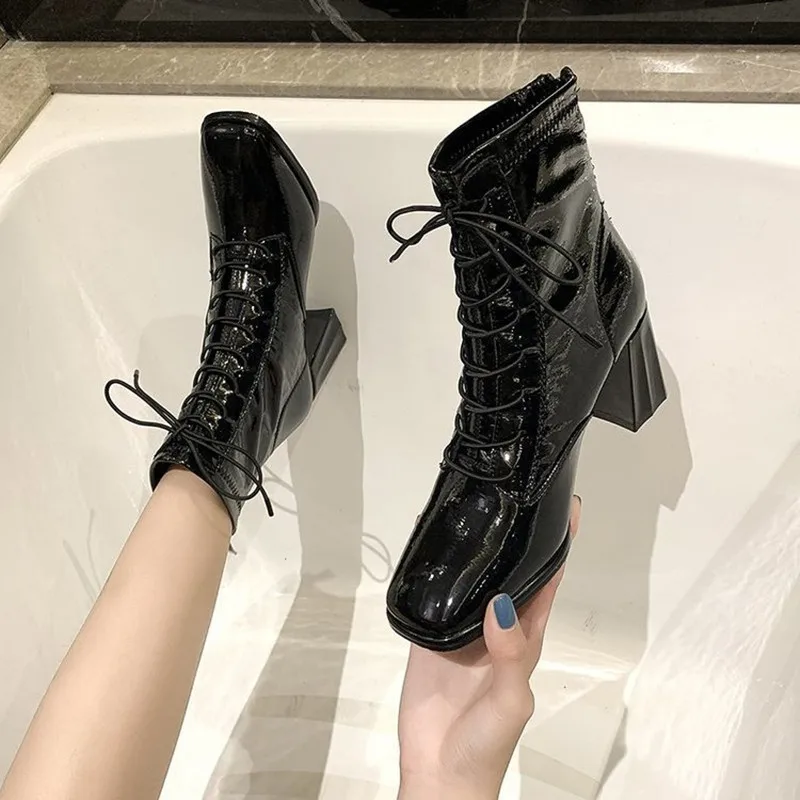 Patent Leather Square Toe Ankle Boots for Women Fashion High Heels Leather Boots Beige Black Boots Femme New Chunky Heels