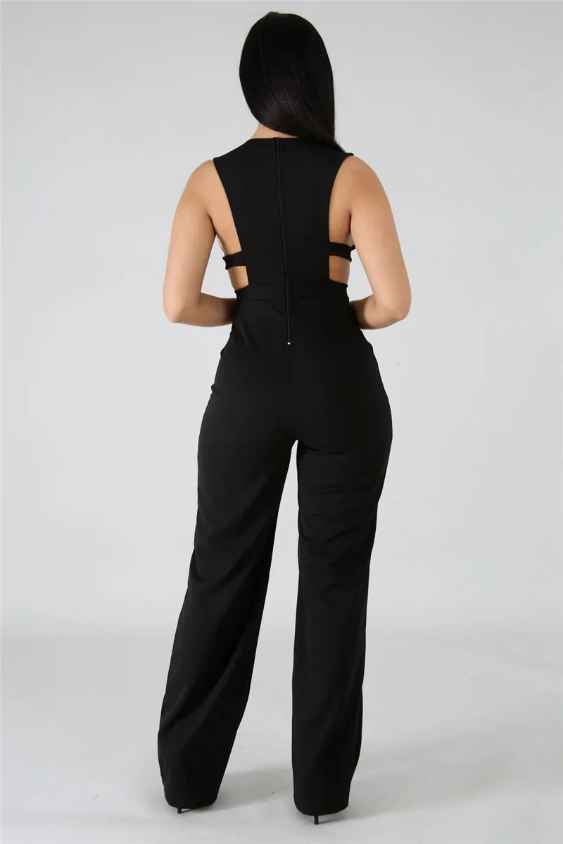 

Sexy Hollow Out Bandage Jumpsuit Women Sleeveless Backless Zipper Wide Leg Bodycon Rompers Night Club Wear Party Playsuit Female