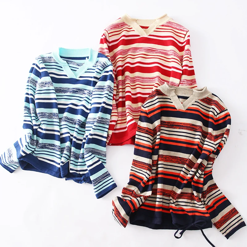 

High quality cashmere long sleeve sweater V-collar loose leisure stripe knitted pullover cashmere sweater ladies cashmere sweate