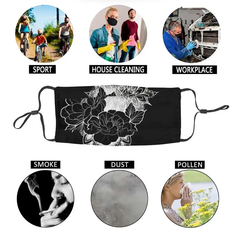 

Peony And Mandala Face Mask Adult Men Dustproof Flower Mask Protection Cover Respirator Reusable Mouth Muffle
