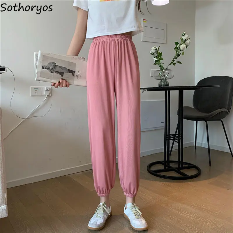 

Women Sleep Bottoms Casual Solid Ankle Length Pants High Elastic Waist Simple Bundle Trouser Harem Ulzzang Home Wear Leisure New