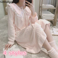 nightgowns women sweet pink lace bow knot flannel velvet warm thick soft loose casual friends simple females sleepshirt coral