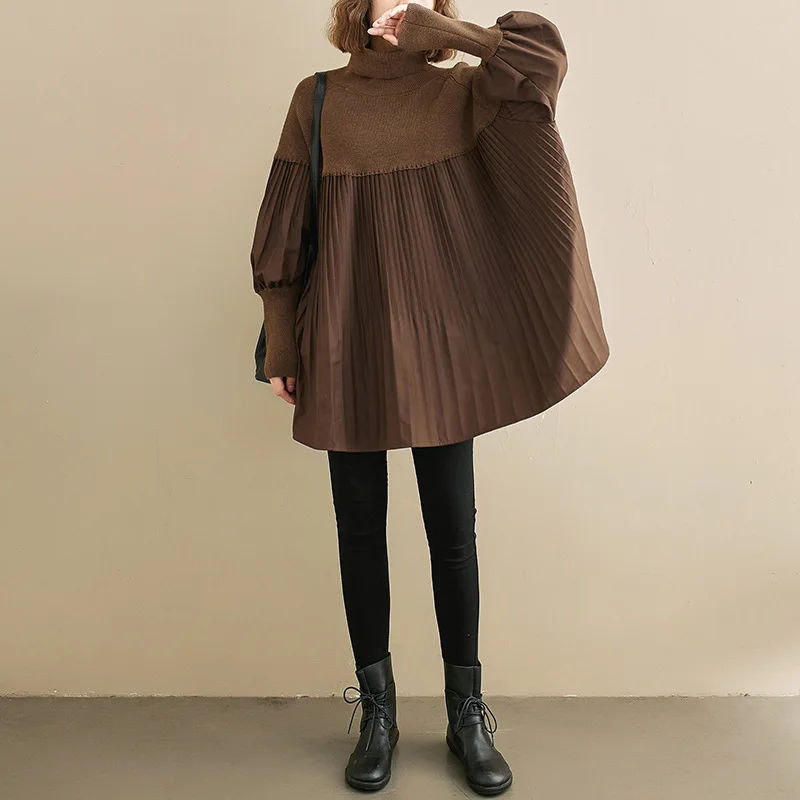 

VANOVICH 2022 Autumn/inter New Style Vintage Oversized Turtleneck Puff Sleeve Knitting Patchwork Mid-length Casual Sweater Women