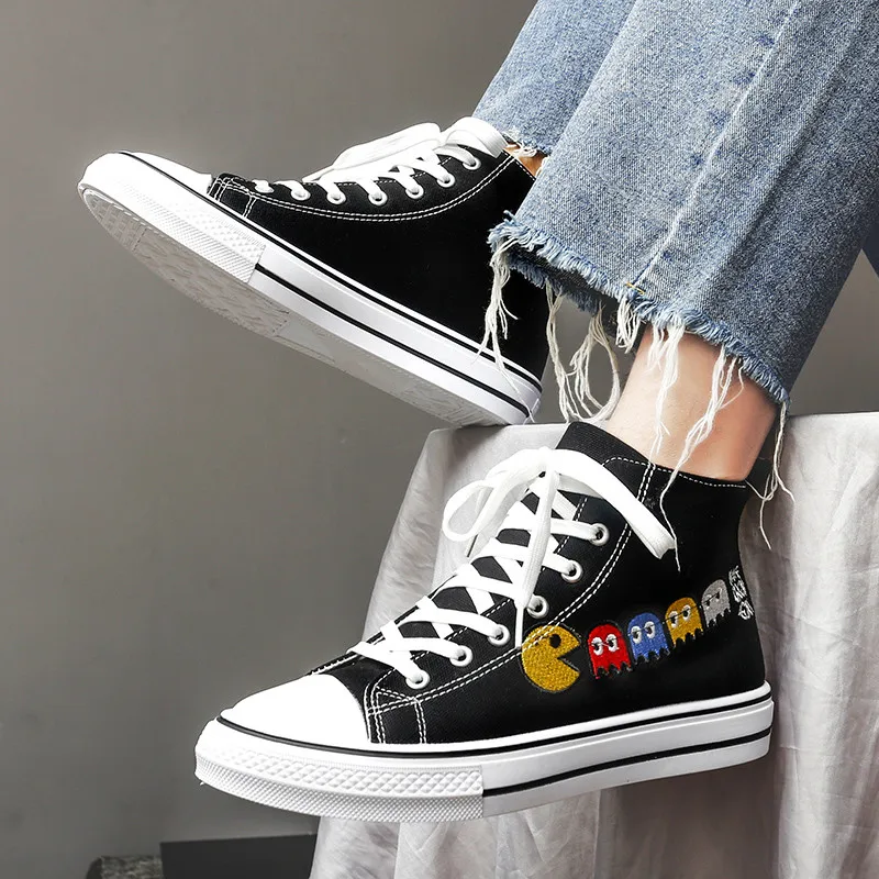 Fashion 2021 White and Black Anime Canvas Sneakers Male Platform Men's High Top Vulcanized Shoes Prints Teen Canvas Shoes Men