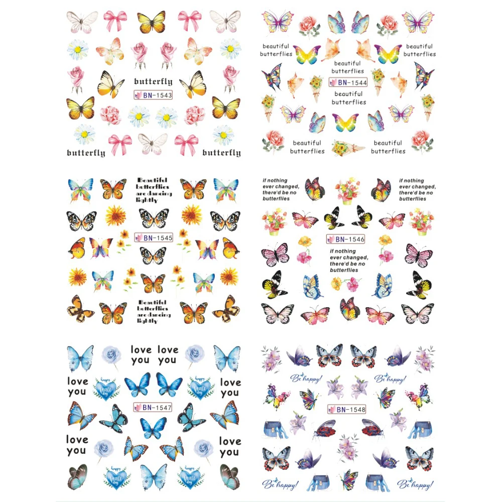 12 дизайнов красочных прекрасных наклеек для ногтей с цветами, бабочками и водным деколем MYBN1537-1548 на.
