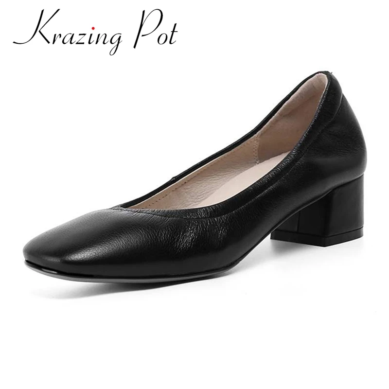 

Vichelo Hot hot genuine leather round toe med heels young lady vintage simple style slip on shallow ballet shoes women pumps L36
