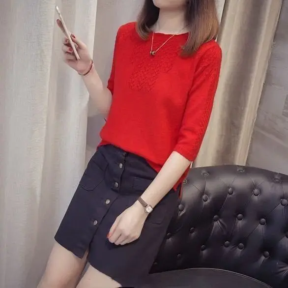 

Women's round neck knitted sweater, fine, plain knitted sweater, solid color, long sleeve, spring, 3 / 4