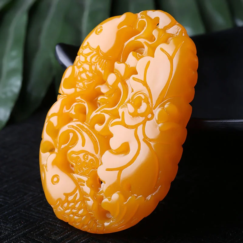 

Chinese Yellow Jade Hollow goldfish lotus jade Pendant Necklace Charm Jewellery Fashion Accessories Hand-Carved Man Amulet