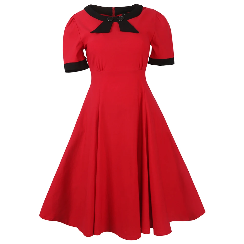 

MISSJOY 50S Vintage Bow Collar Red Elegant Midi Rockabilly Dress Women Retro High Waist Pinup Skater Dresses Roupa Reveillon .