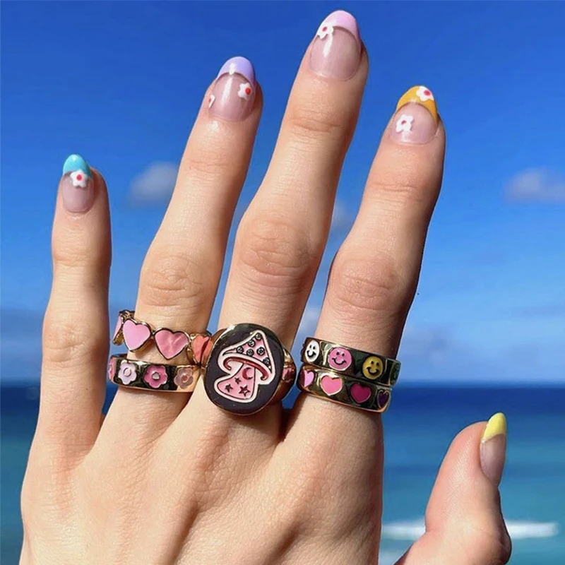 

Mushroom Ring Magic Chunky Enamel Metal Rhinestone Acrylic Statement Stack Rings for Women Girls Plant Finger Party Jewelry