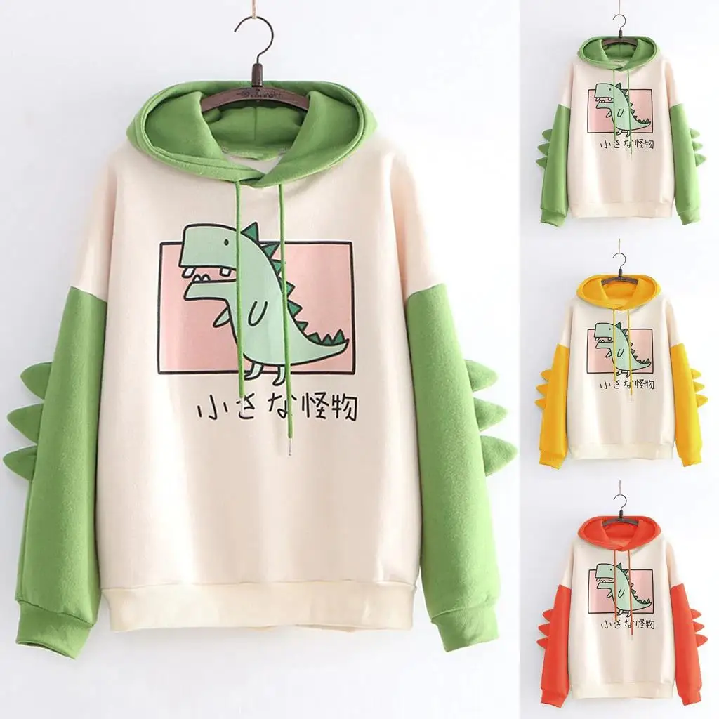 

Hoodies Women Fashion Splice Dinosaur Print Sweatshirt Tops Casual Long Sleeve Kawaii Clothes Ropa Mujer