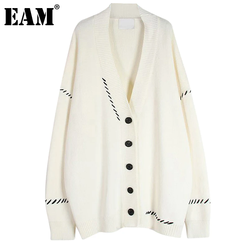 

[EAM] Wihte Big Size Knitting Cardigan Sweater Loose Fit V-Neck Long Sleeve Women New Fashion Tide Autumn Winter 2021 1DE4138