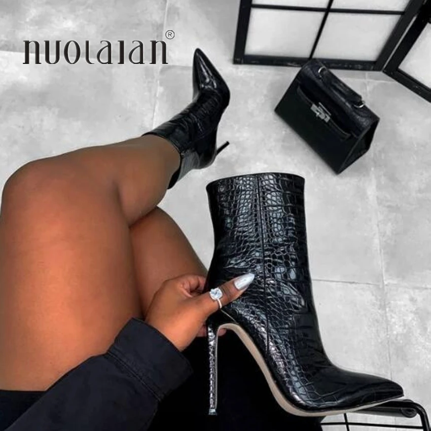 

Brand Fashion Women Ankle Boots Zip Pointed Toe Footwear 11CM High Heels Female Boots Party Shoes Women 2020 New Winter