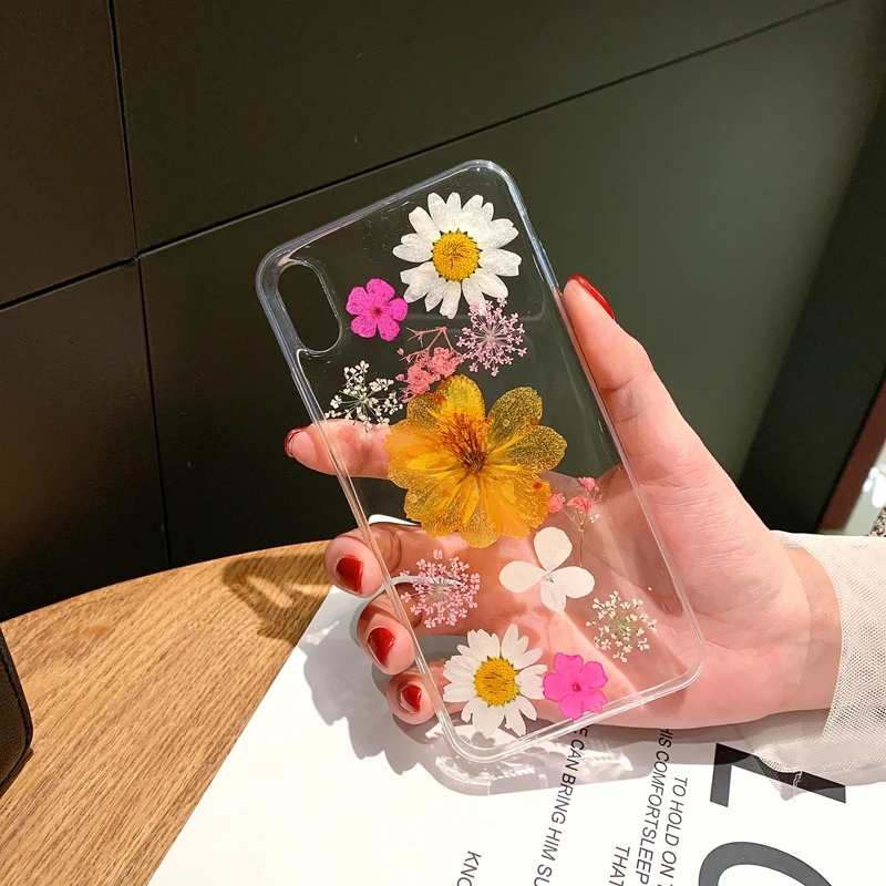 Чехол для телефона с высушенными прессованными цветами iPhone 11 X XS Max XR 6 6s 7 8 Plus Pro