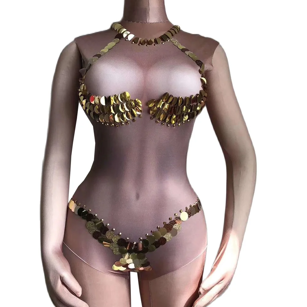 

Shining Gold Sequin Women Skinny Stretch Jumpsuits Sleeveless Evening Prom Singer Pole Dancing Stage Wear Nightclub Costumes