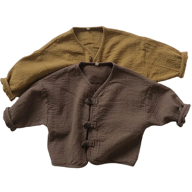 

Рубашка для мальчиков демисезонная из хлопка и льна с V-образным вырезом и длинными рукавами