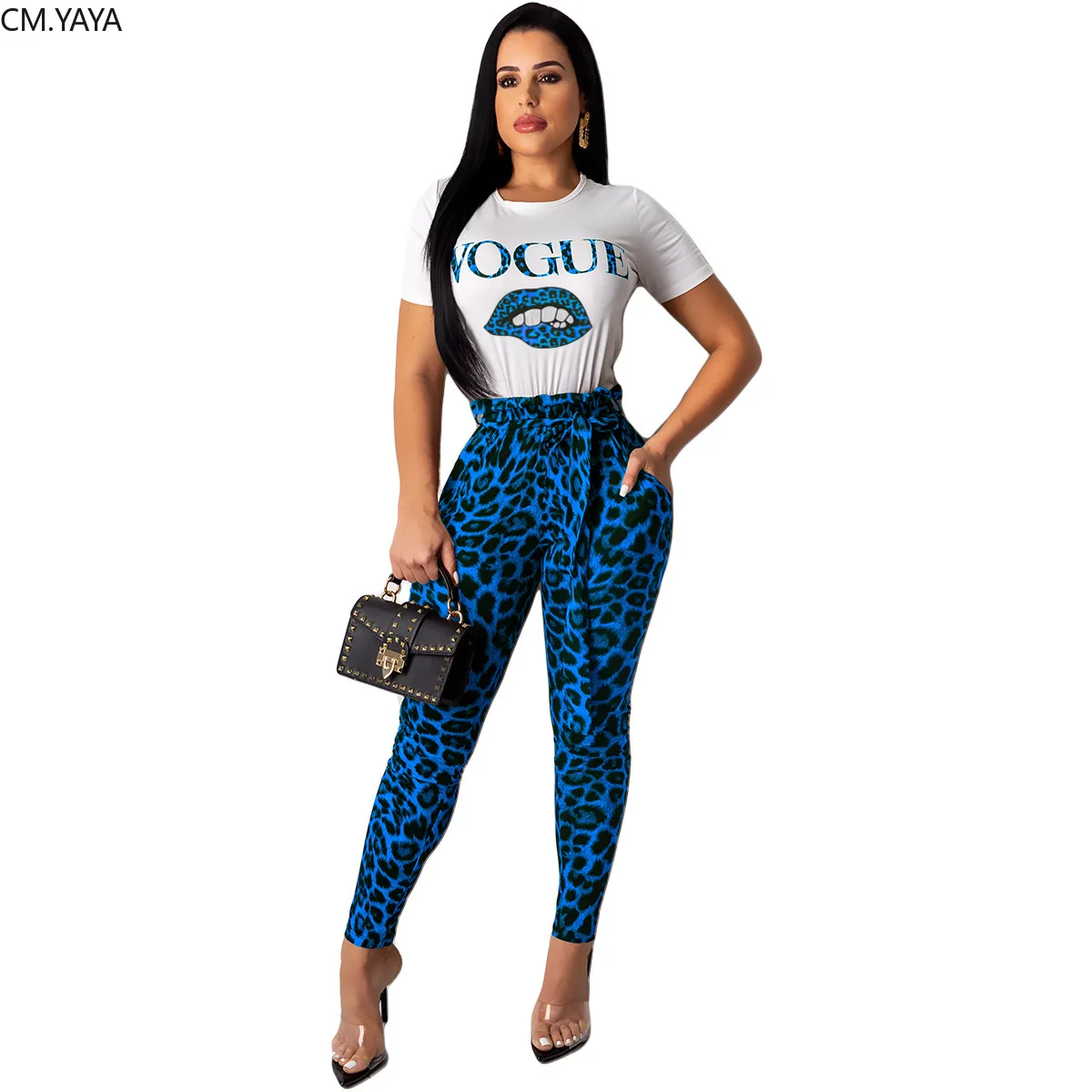 Осенний Женский комплект с леопардовым принтом футболка короткими рукавами