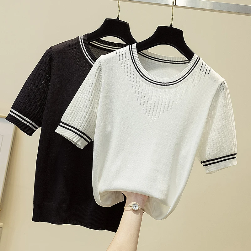 

2021 Summer New Fashion Korean O neck Hollow top Slim Pullover Knitted T shirt Women Short Sleeved Thin Women T-shirt Tee Shirt