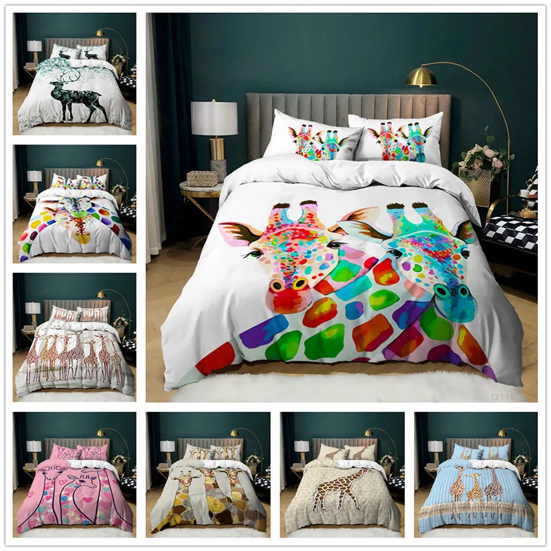 Комплект постельного белья с жирафом 2/3 шт. акварельными животными | Дом и сад