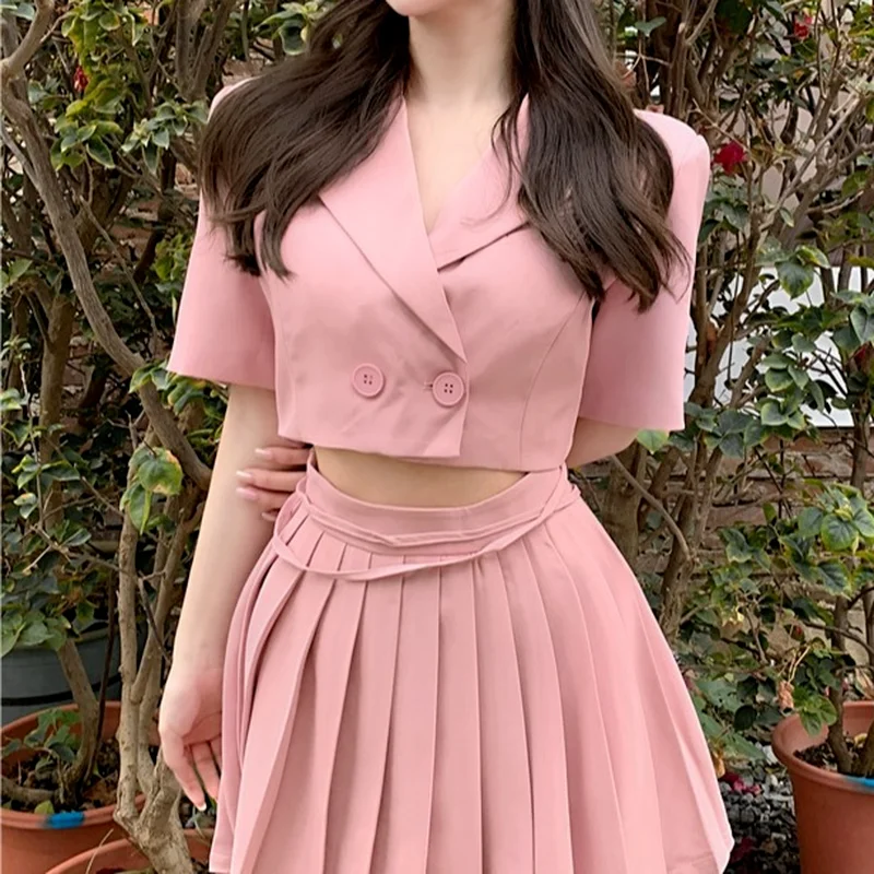 Fashion Short-sleeved Suit Jacket Women's Short Small Suit 2023 Summer Loose Tie High Waist Top Sexy Skirt Office Clothes Women