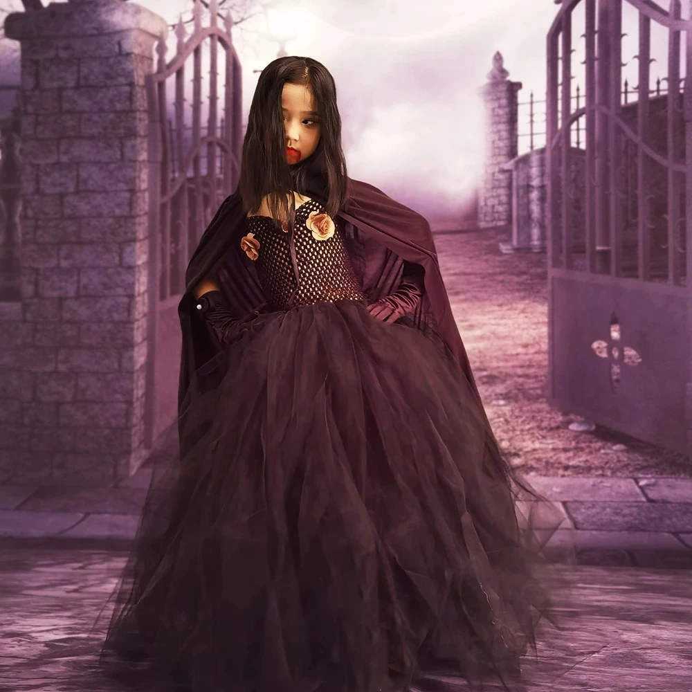 

Children Evil Village Daniela Cosplay Party Costume Bela Vampire Witch Black Gown Tutu Dress with Cloak and Gloves