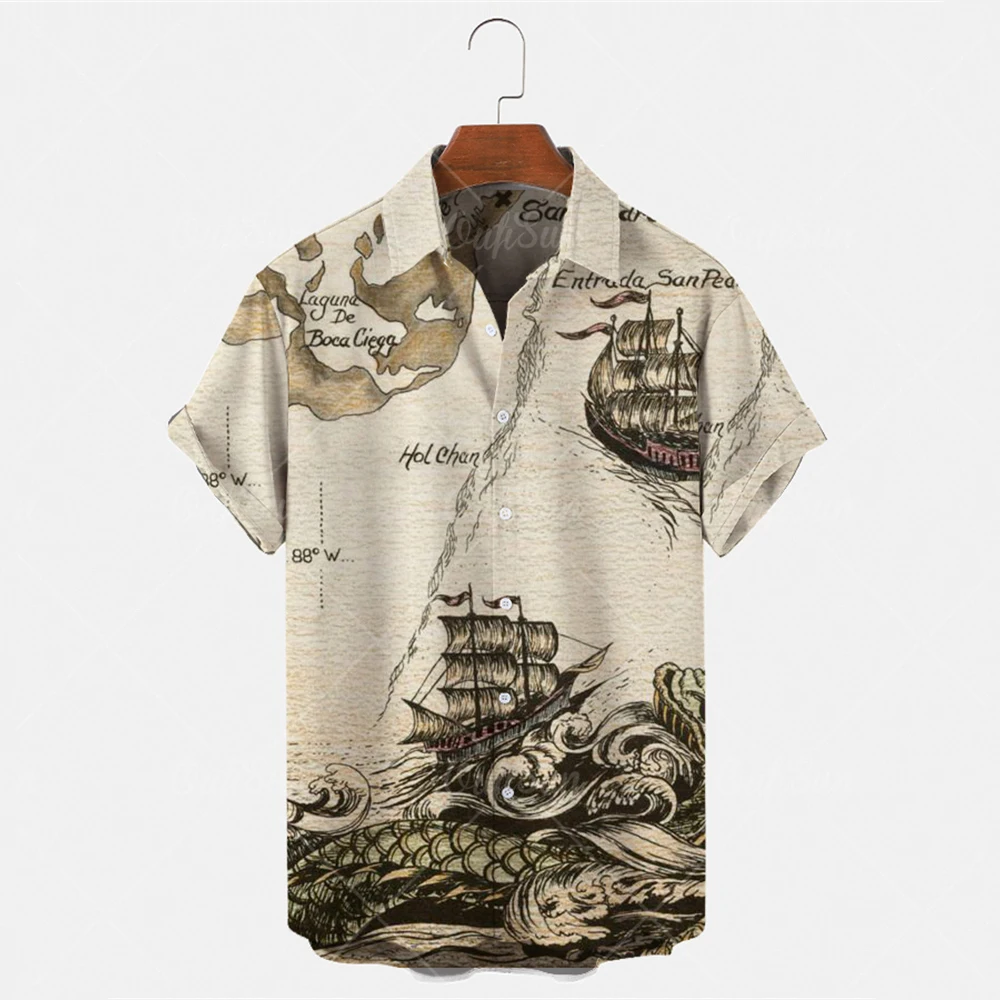 

Brand Design Cuban Shirt Men Hawaiian Turn-down Collar Japanese Ocean Wave Painting Beach Blouse Shirts