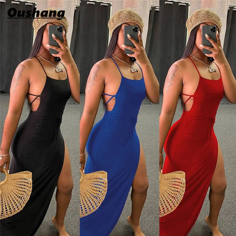 

Black High Split Maxi Dresses Women 2021 Assymetric Backless Sexy Club Outfits for Women Vacation Fashion Summer Beach Dresses