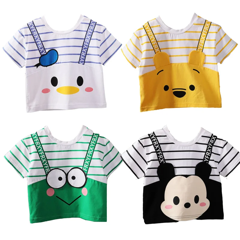 

Fake Strap Stripe Cartoon Printed Short Sleeve Oversized T-shirt for Boys and girls summer Children's Clothing Child Tee Shrit