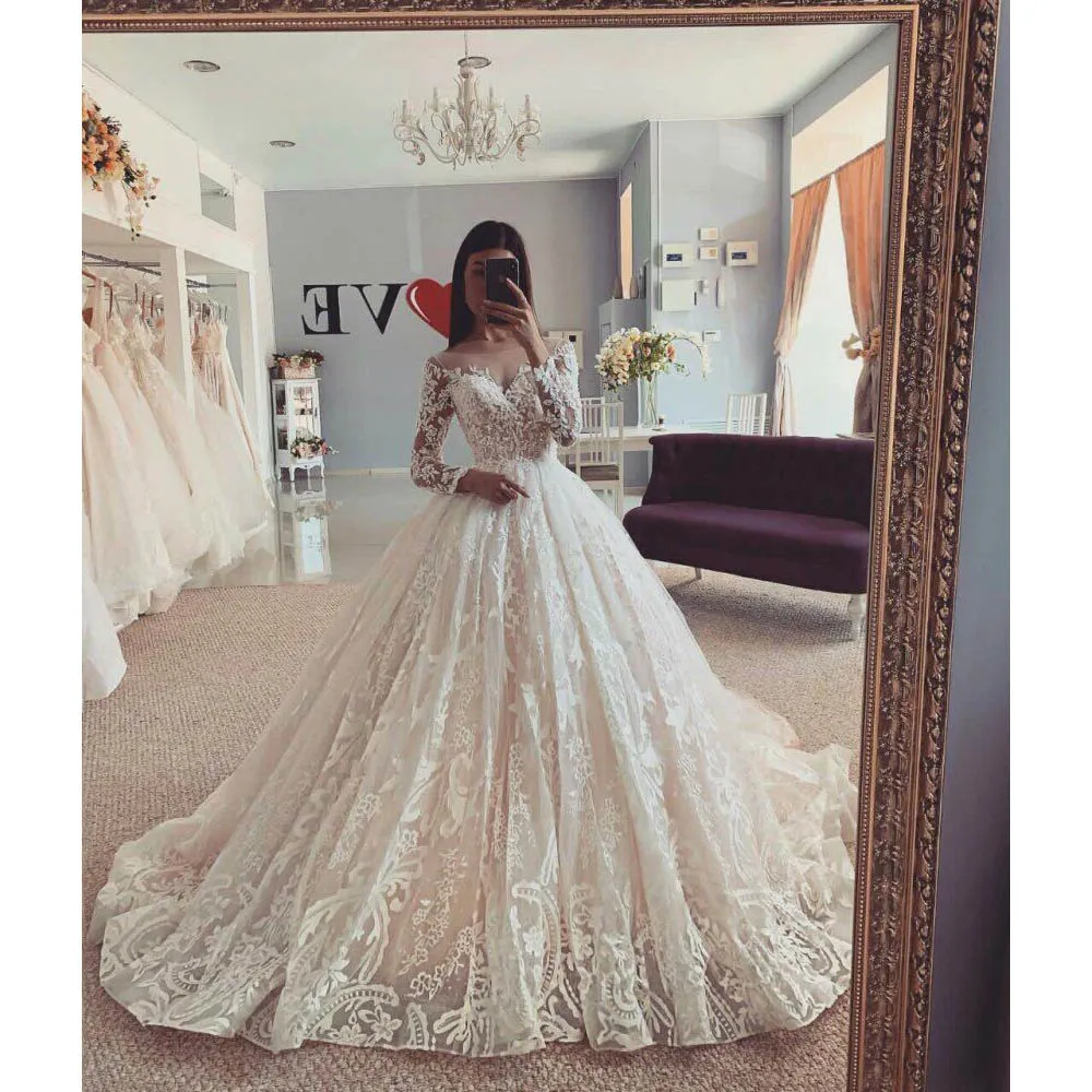 

casamento Romantic Long Bridal Dress Back Buttons gelinlik Dubai Bridal Gowns Appliqué robe de mariee vestido de noiva