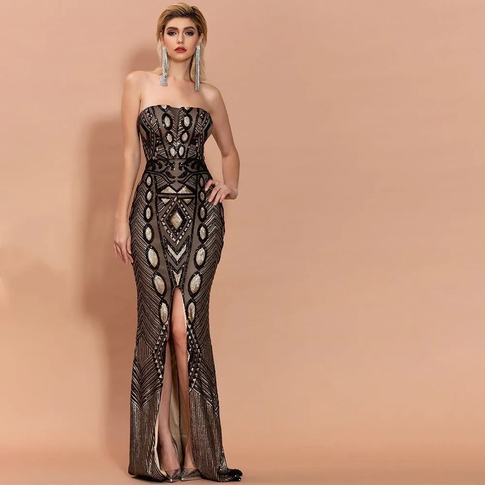 

High Quality Woman Long Dress Elegant Evening Party Dress Vintage Vestios Autumn New Luxury Bodycon Strapless Sequins