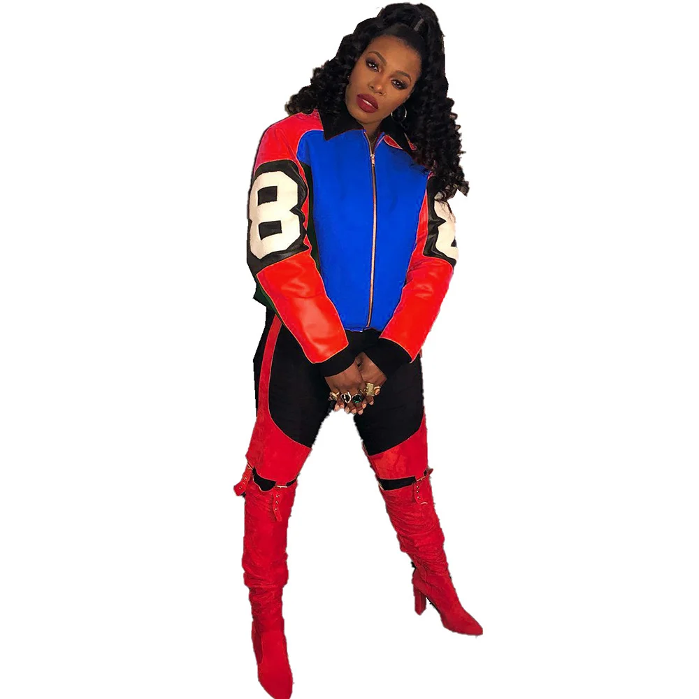 

Women Coats Contrast Color Patchwork & Jackets Active Wear Turn Down Collar Long Sleeve Outwear Hip Hop Casual Zipper Up Jacket
